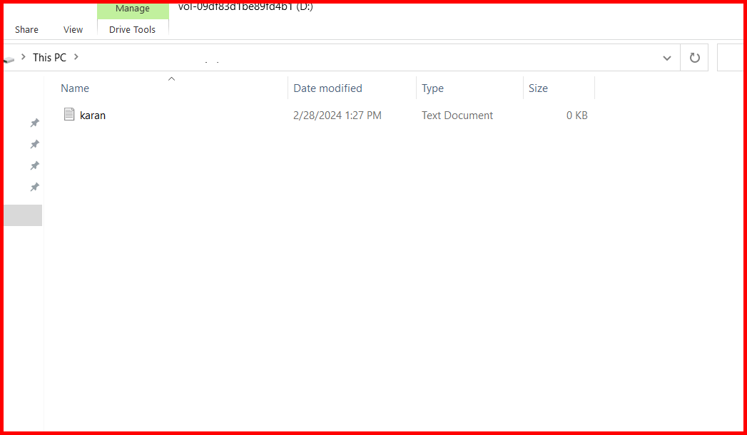 Picture showing the text file appears in the new volume of the second EC2 instance